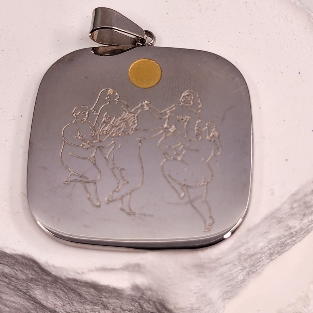 Vintage Silver Tone Dancing Figures Pendant Gold Sun Square Statement Charm